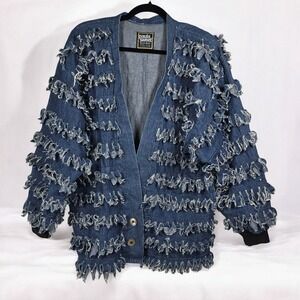 VTG 80s Paula Sweet Muslin Mink Denim Jacket  Ruffle Fringe Blue Woman Size 12